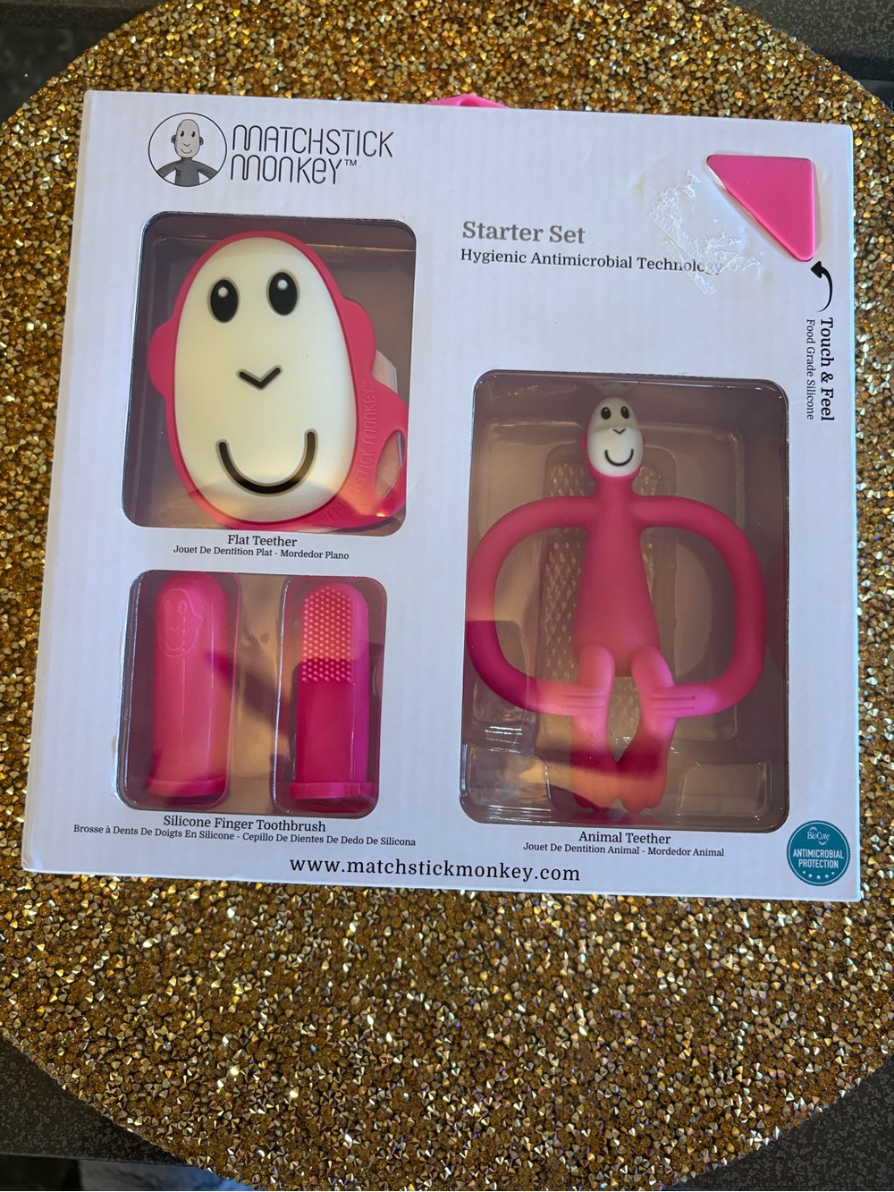 Matchstick Monkey NWT in box Pink Silicone Baby Starter Teether Set